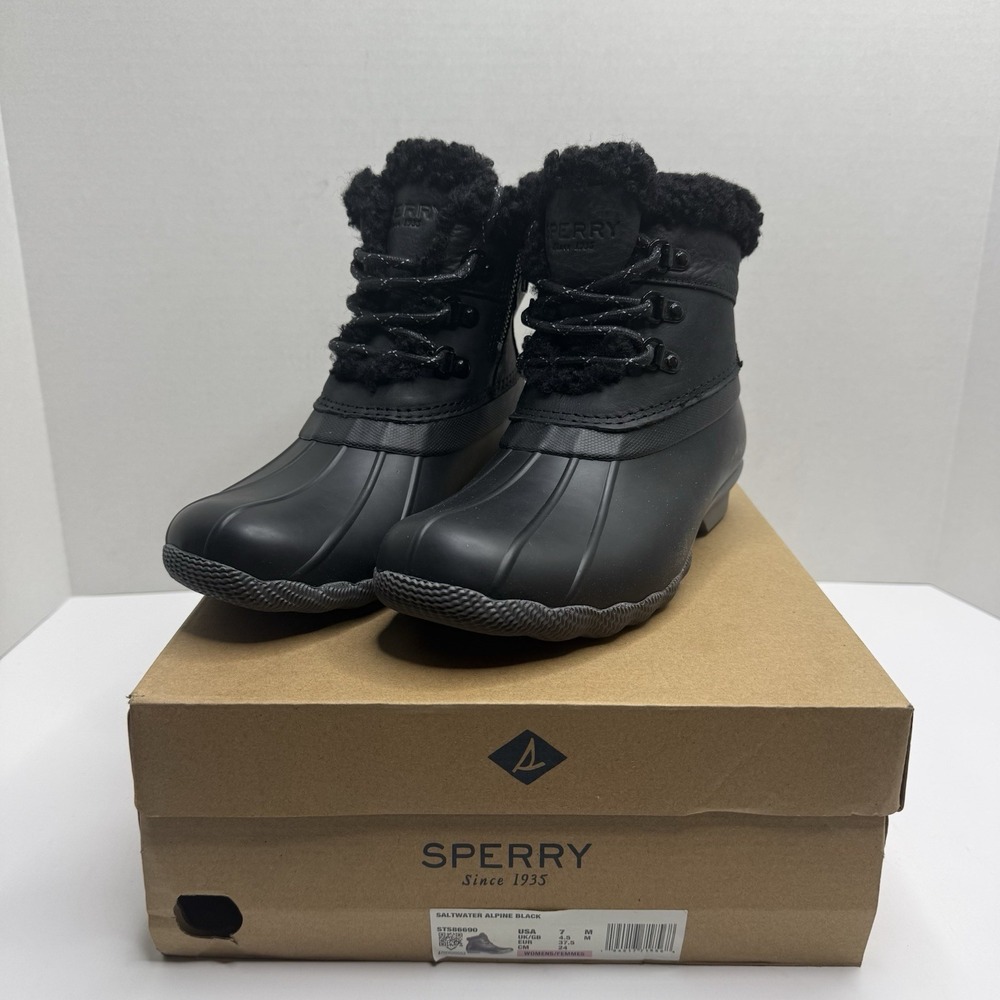 NEW Sperry Saltwater Alpine Duck Boots Black Faux Fur Women’s 7 STS86690